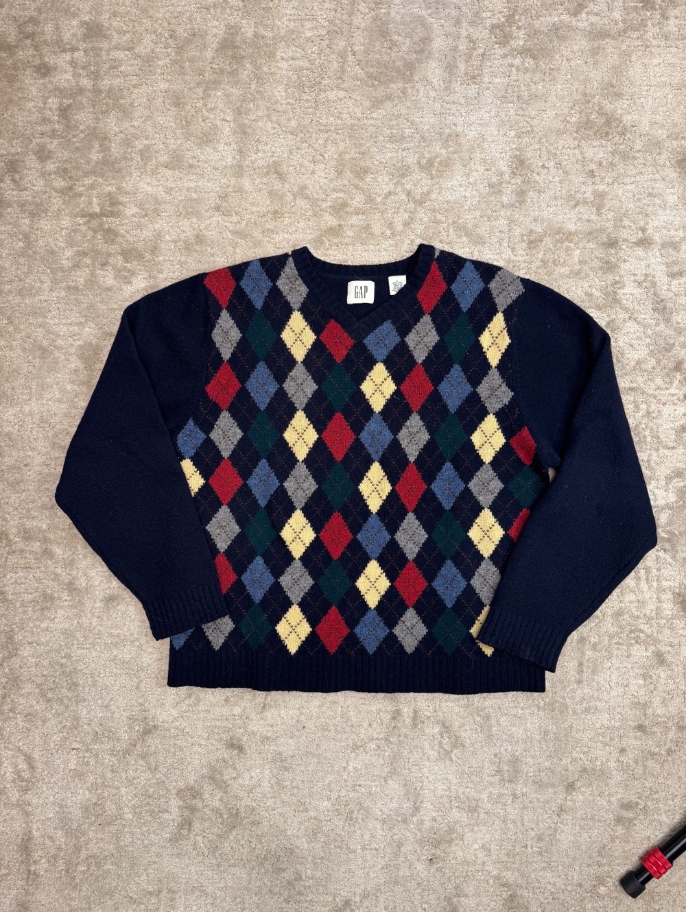 Vintage 90s GAP Shetland Wool Argyle V Neck Sweater Navy Mens L Preppy